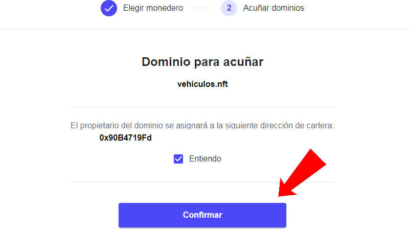 Como confirmar tu dirección wallet para acuñar tu dominio web 3