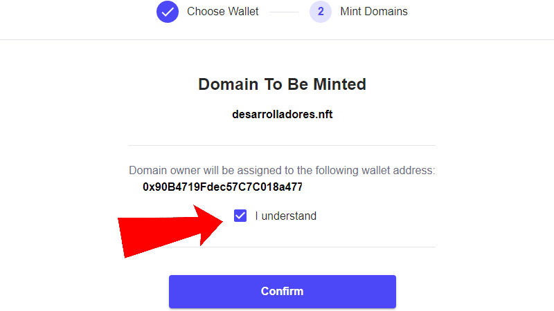Como confirmar tu dirección wallet para hacer el minteo y acuñar tu dominio web 3