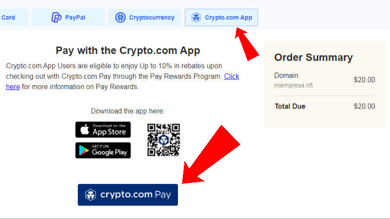 Como pagar dominios con crypto.com pay desde su app